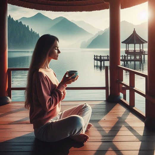 A person meditating with a cup of tea beside them in a serene room